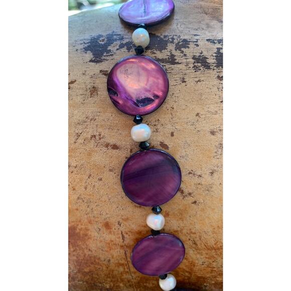 Violet Mother of Pearl, White Freshwater Pearl and Black Crystal Necklace - Picture 2 of 4